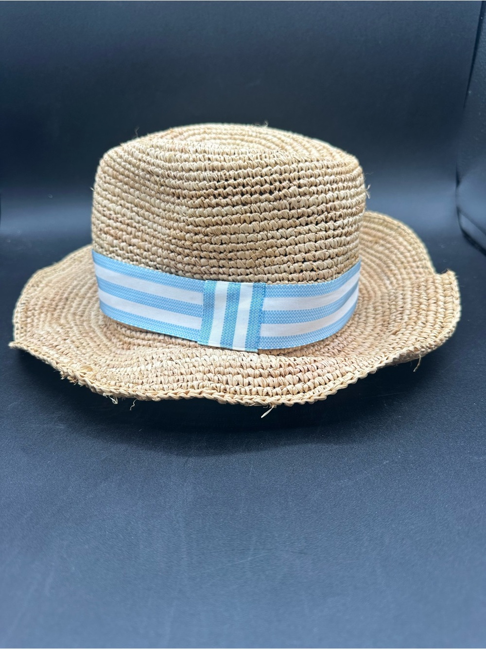 J. Mclaughlin Womens Raffia Panama Straw Hat Blue White Stripes One Size